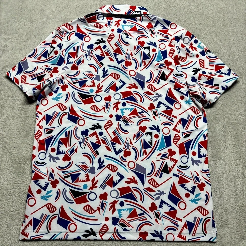 NEW Good Good Shirt Proud & True Polo Mens L Geometric White Print Golf Tropical